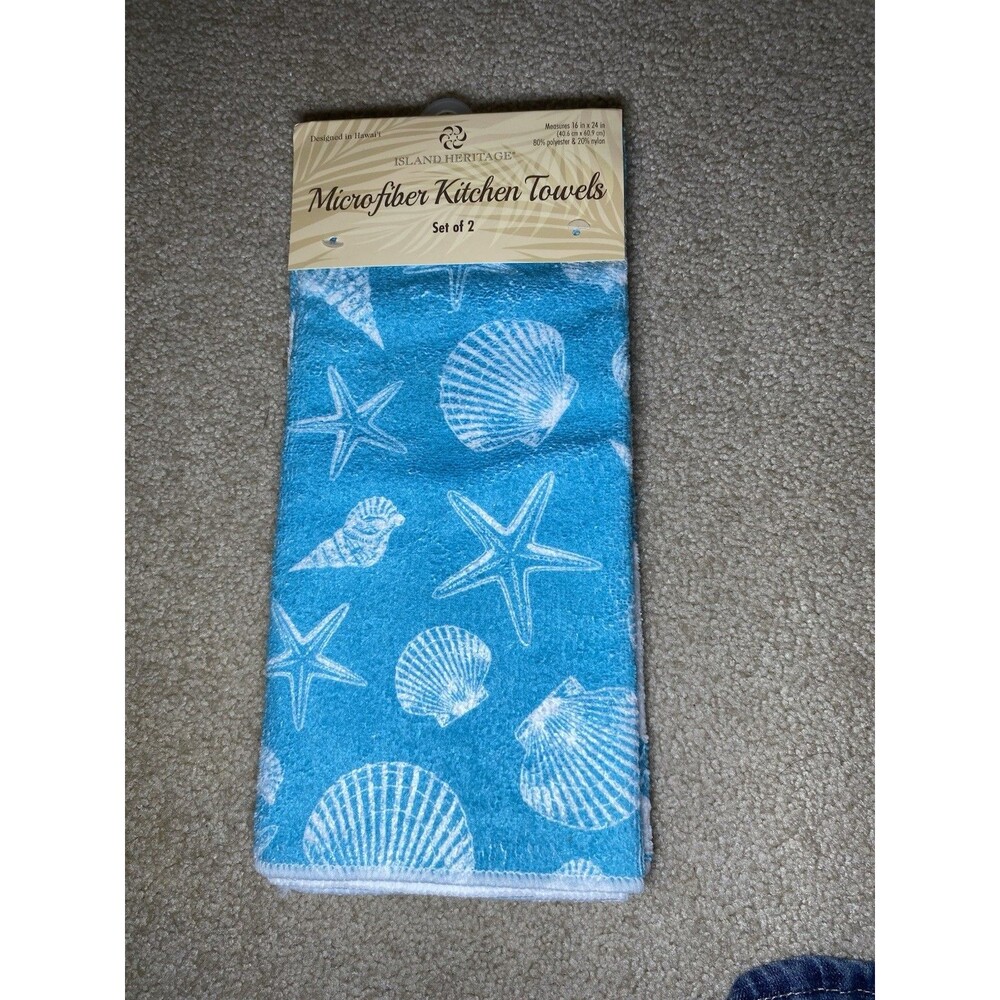 Island Heritage Microfiber Kitchen Towels Set of 2 Seashell Starfish Teal